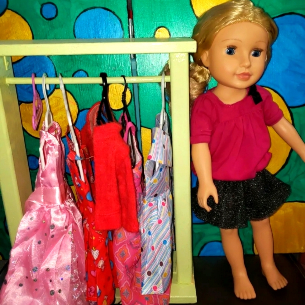 :18" doll by lotus 2014 blonde hair blue eyes lot includes new &used 18" clothes